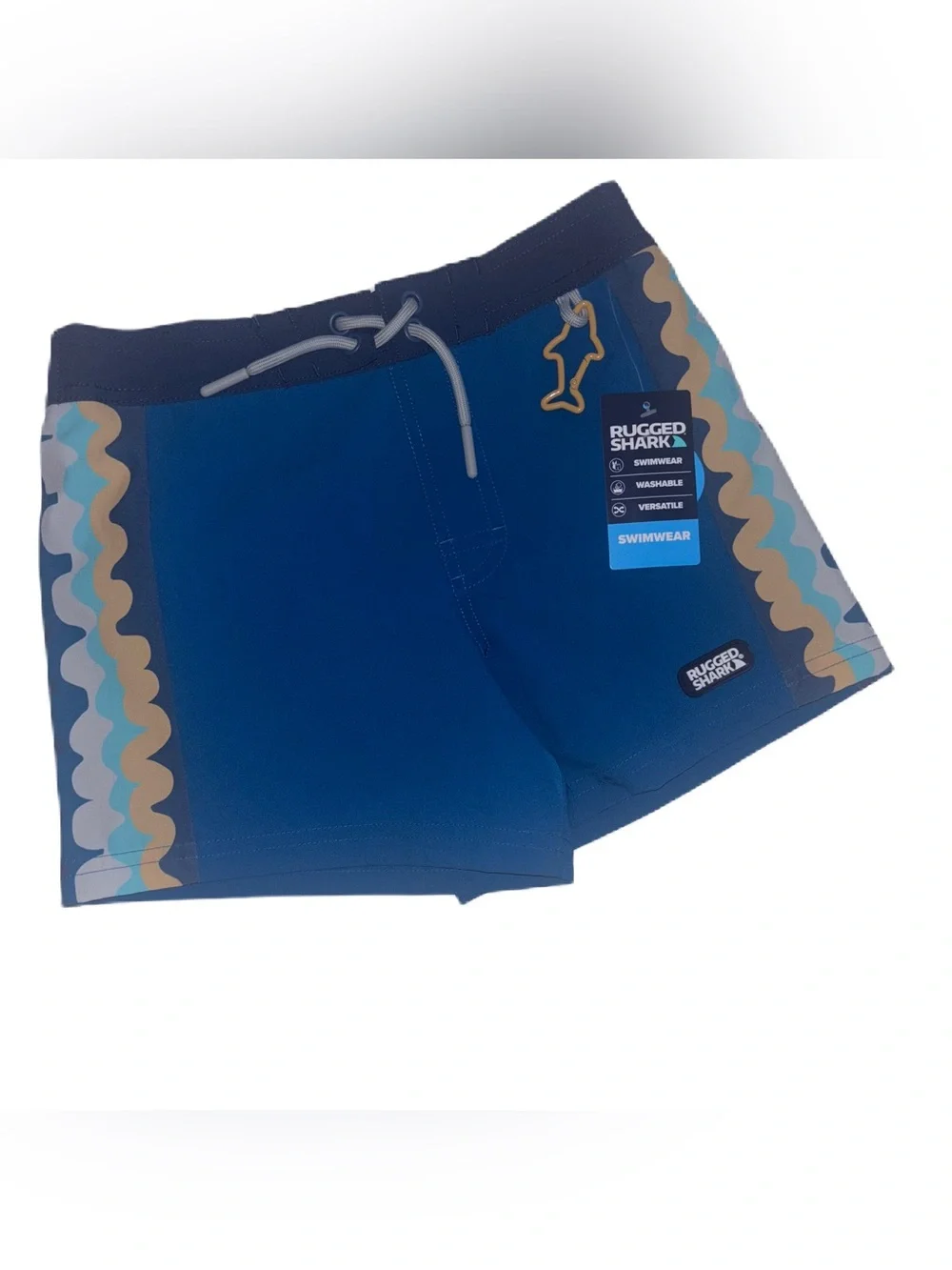 Rugged Shark Boys' Navy Blue Swim Trunks with Wavy Side Panels S (6/7)